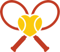 Two tennis rackets forming a heart around a tennis ball
